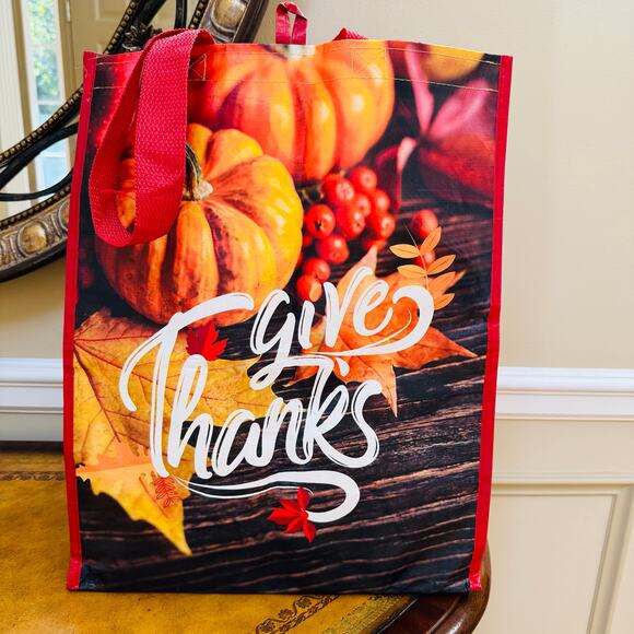 Give Thanks Pumpkin Autumn Recycle Reuse Grocery Shopping Large Tote Bag NEW - Picture 1 of 6